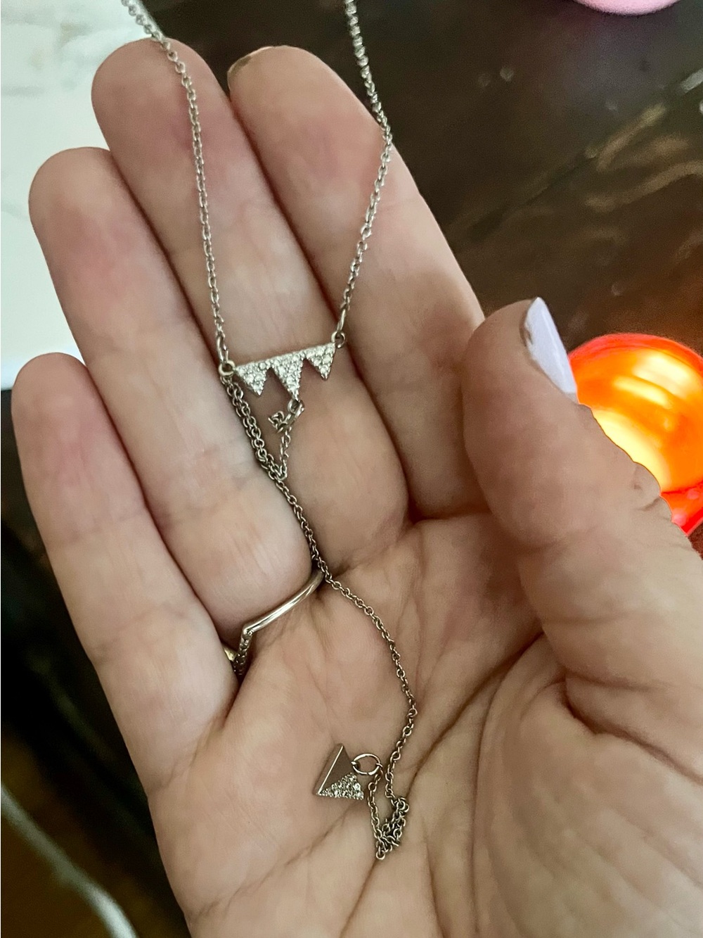 Silver feminine Triangle Necklace - with rhinestones and long triangle charm